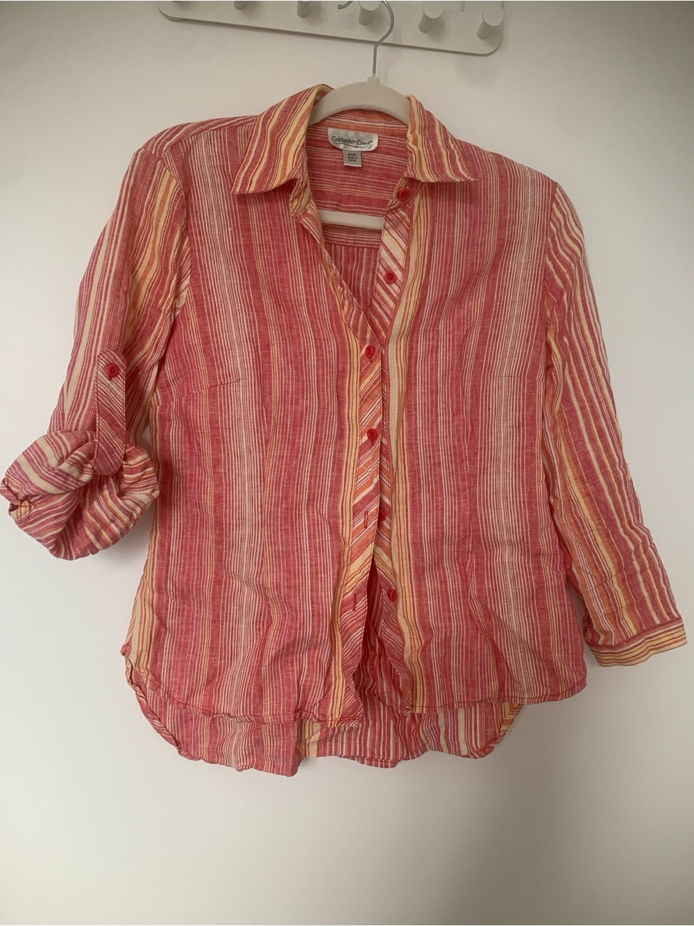 Vintage Christopher & Banks Pink Stripe Lightweight 100% linen Button-Down Top